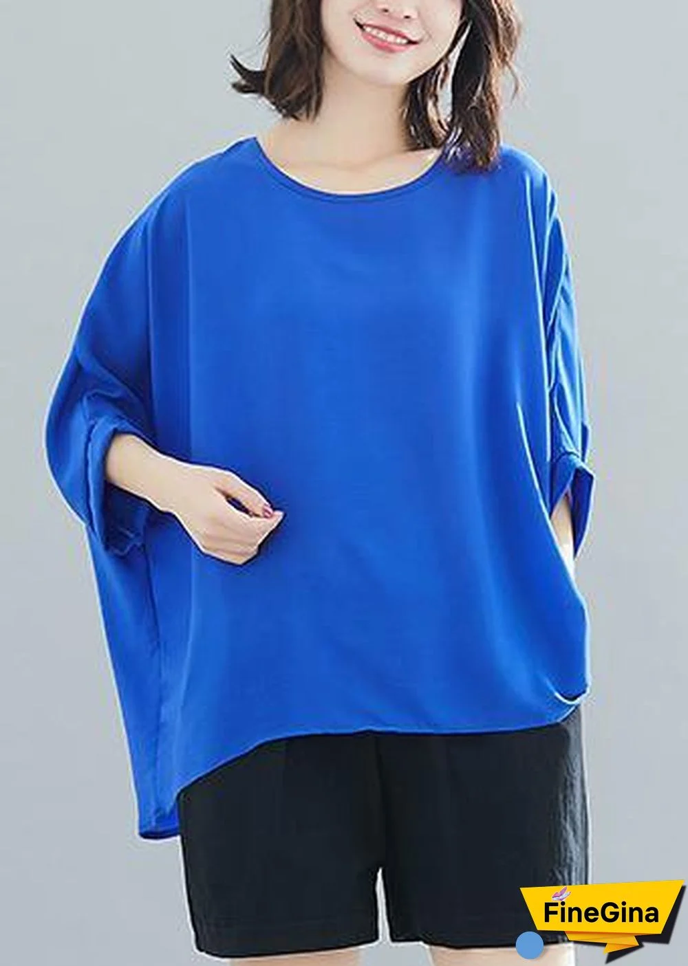 Modern blue chiffon o neck Batwing Sleeve Love Summer tops