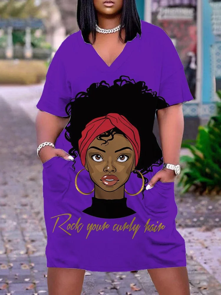 Digital Print V-Neck Casual Pocket Dress