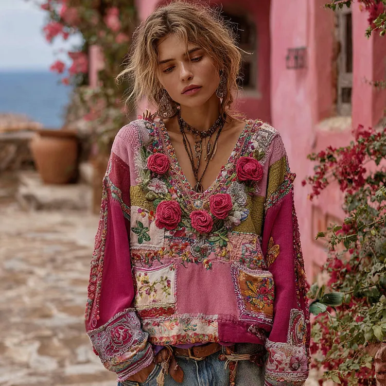 Women's Vintage Bohemian Rose And Floral Embroidery Art Cozy Knitted V Neck Sweater