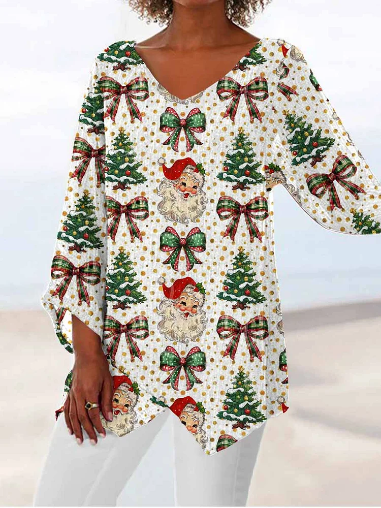Womens Christmas Cotton And linen V Collar Three quarter sleeves Top