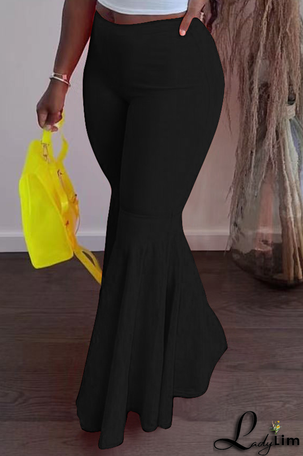 Fluorescent Green Fashion Solid Flounce Boot Cut High Waist Speaker Solid Color Bottoms