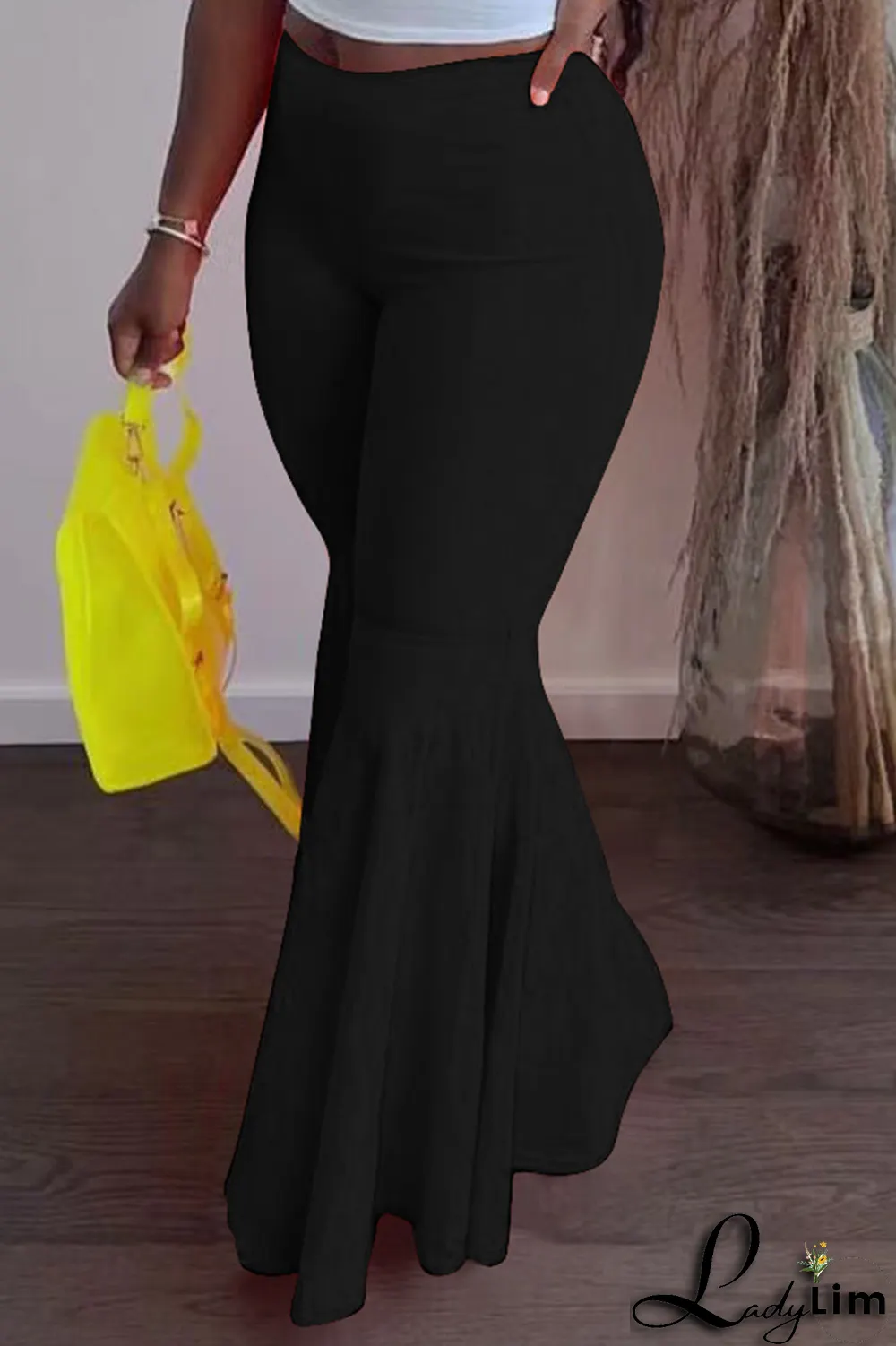 Fluorescent Green Fashion Solid Flounce Boot Cut High Waist Speaker Solid Color Bottoms