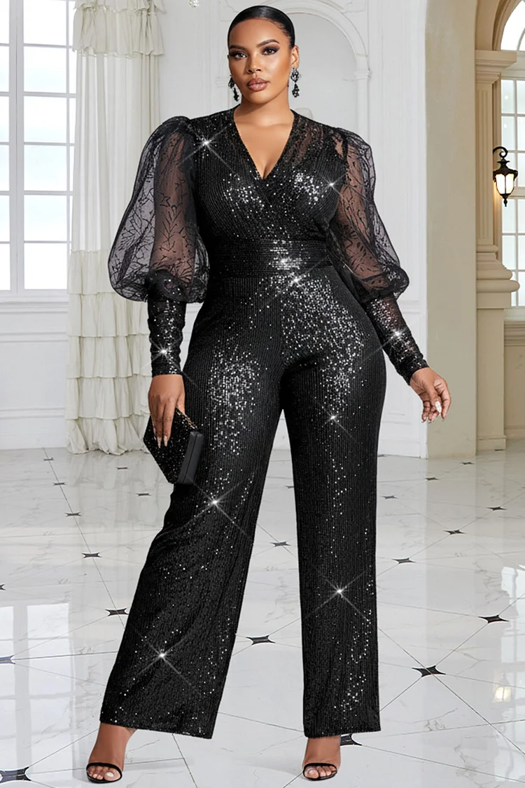 Xpluswear Design Plus Size Formal Black V Neck Puff Sleeve Long Sleeve See Through Elegant Pocket Tulle Sequin Jumpsuits 2024 - Xpluswear