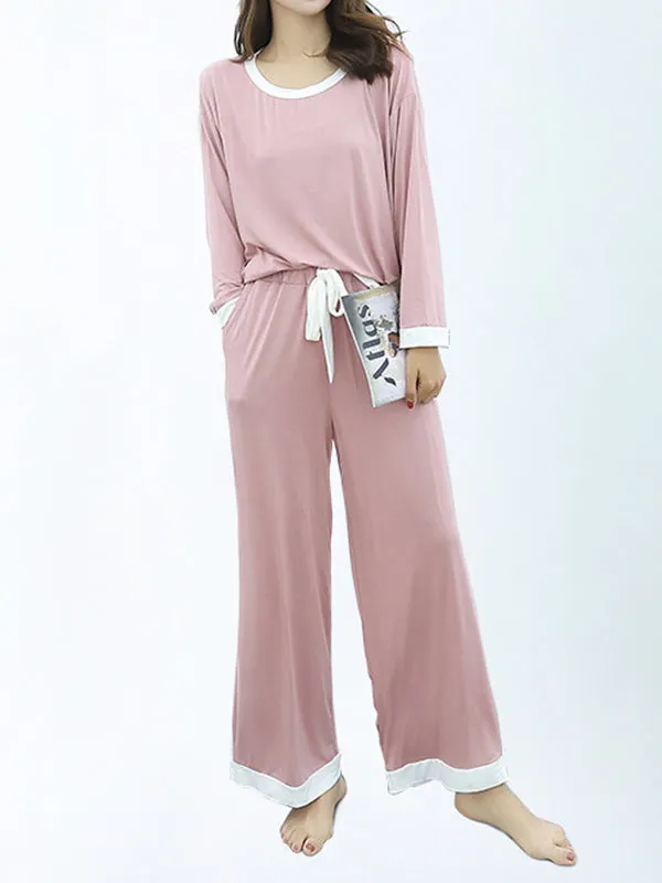 Long Sleeves Loose Contrast Color Round-Neck Two Pieces Pajama Set