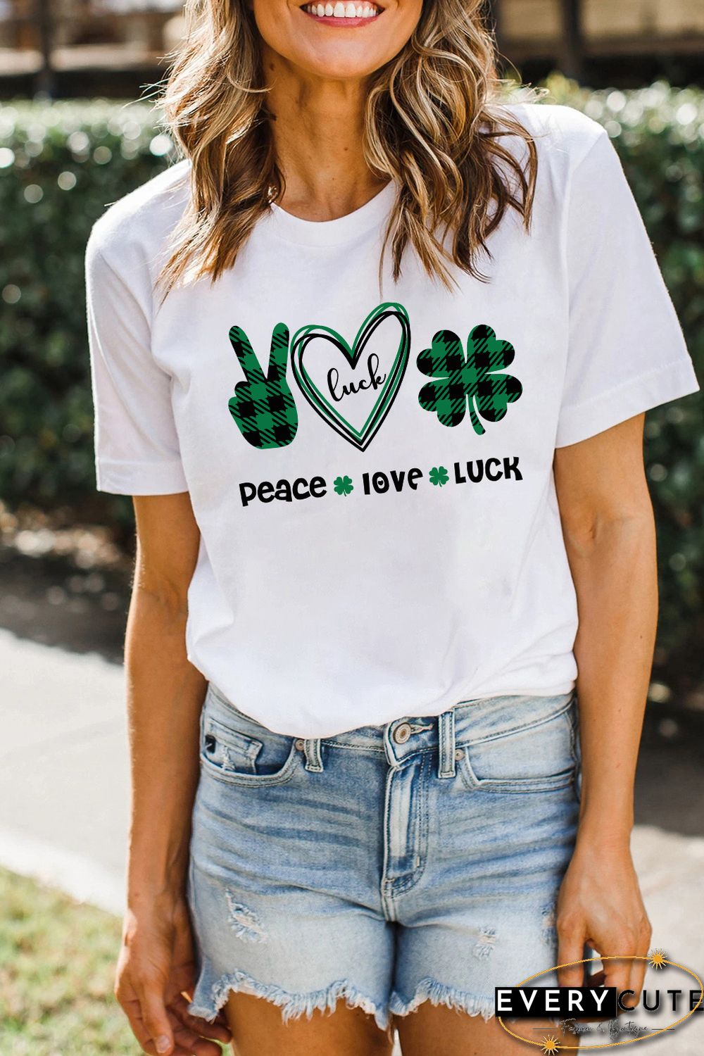 White St. Patrick's Day Letter Plaid Clover Graphic Print T-shirt