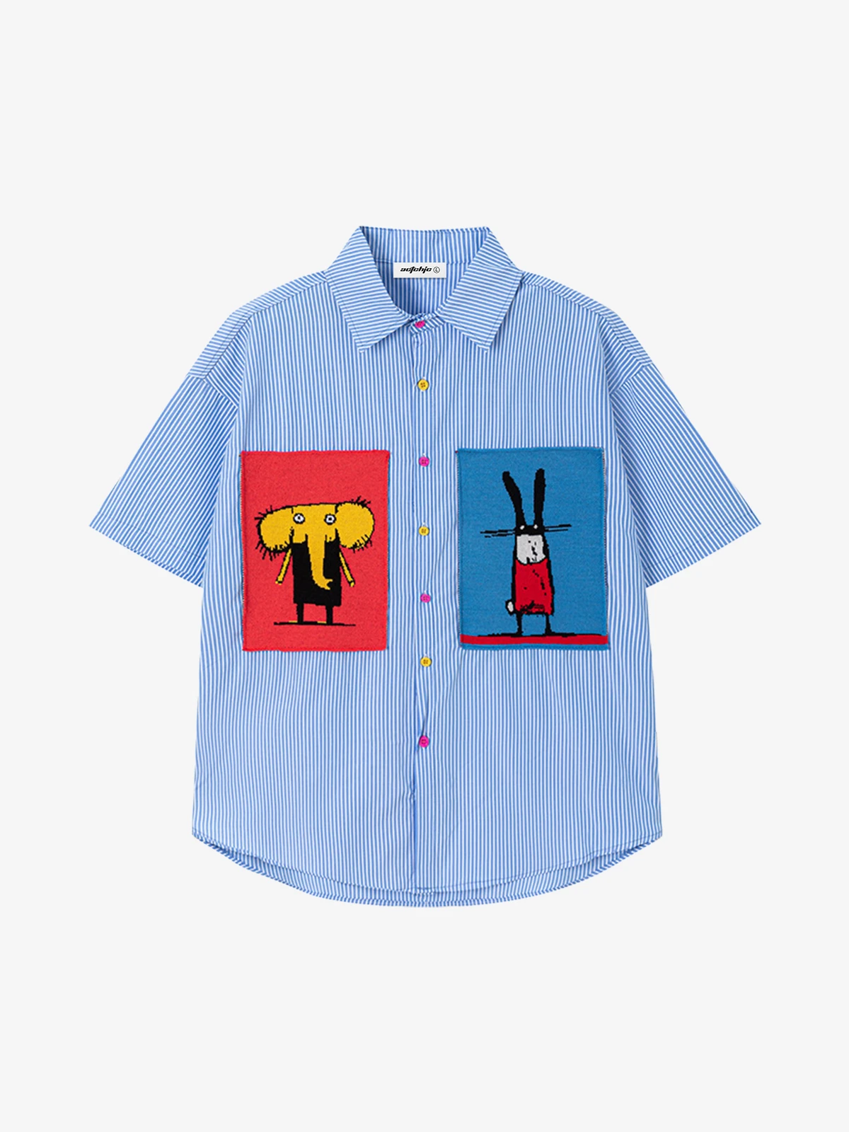 Blue Act Chic Cartoon Animal Patch Pocket Short Sleeve Shirt Front