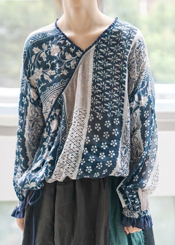 VCSHOES Blue V Neck Print Lace Up Cotton Shirt Long Sleeve