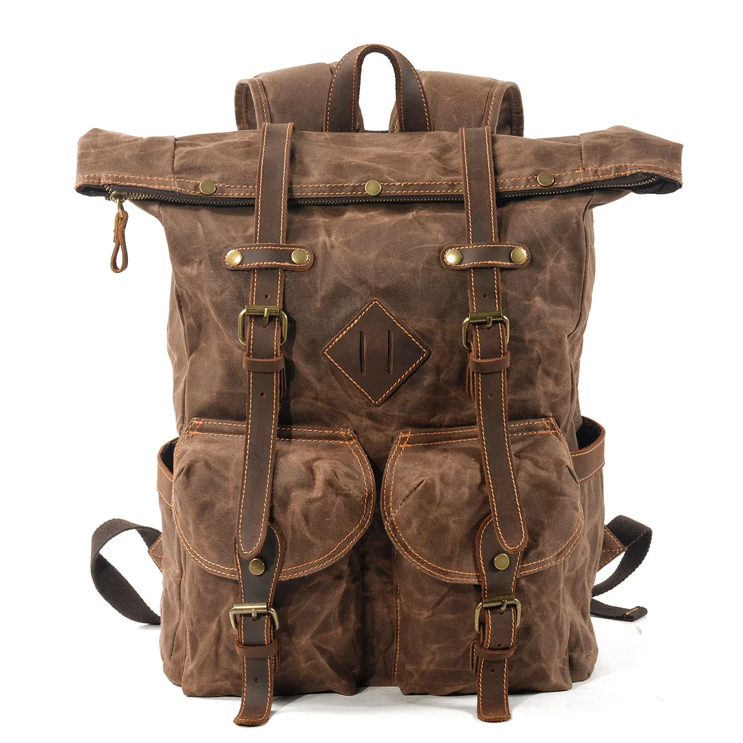 Travel Waterproof Backpack Oil Wax Canvas Color Block Line Splicing Outdoor Backpack College School Backpack