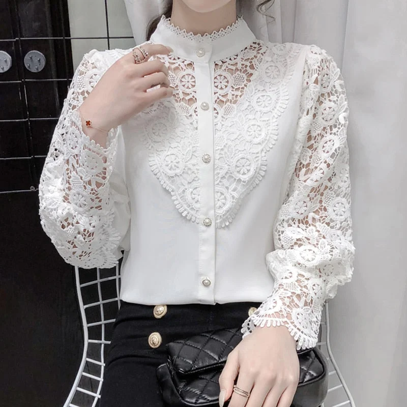 New Korean Lace Stitching Shirt Spring Chic Hollow Flower Buttons Ladies Top Sweet Stand Collar Long Sleeve Blouse Women 12948