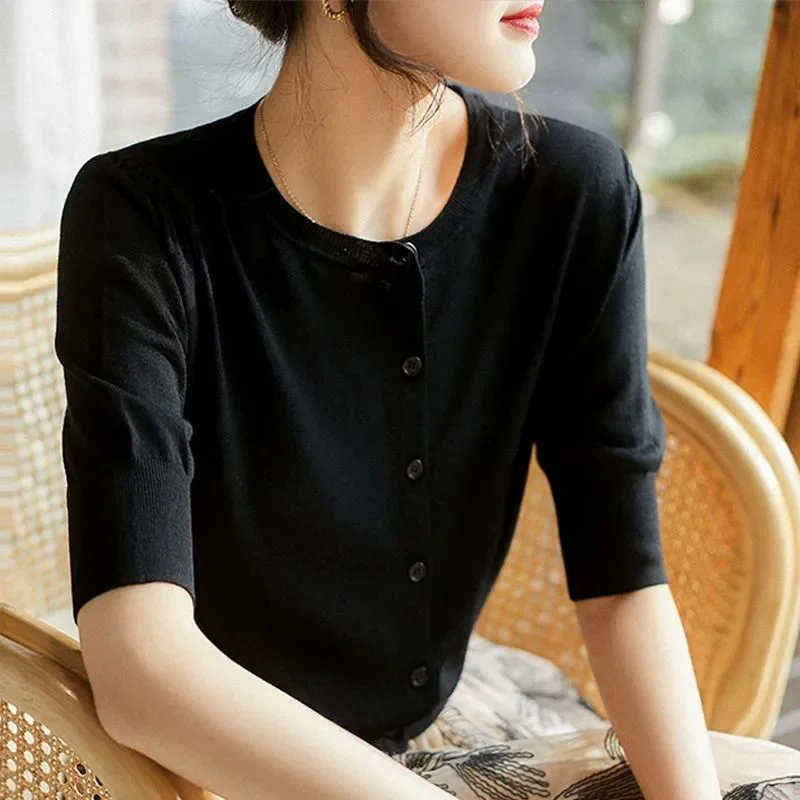 Athvotar Athvotar Knitted Jersey Women's Early Spring Round Collar Collar In The Middle Sleeve Ice Silk Thin Model Hit The Bottom Of The Coat Female Ocean