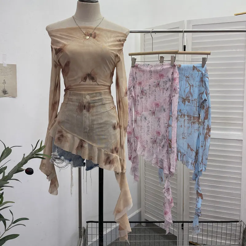 Brownm Purely Want A Word Shoulder Ink Print Tie-Dye Mesh Long-Sleeved Shirt Irregular Lotus Leaf Side Top 9936