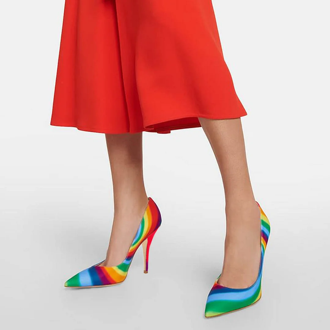 Rainbow Fabric Pointed Toe Slip-On Pumps Shoes with Stiletto Heels