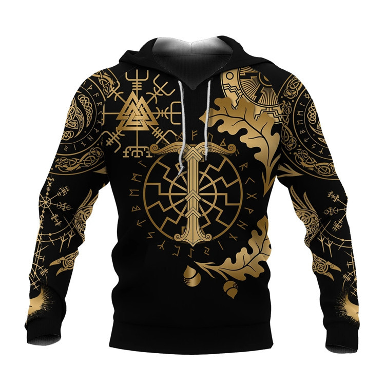 Mystical Nordic Symbols 3D Printed Hoodie with Gold Rune Design