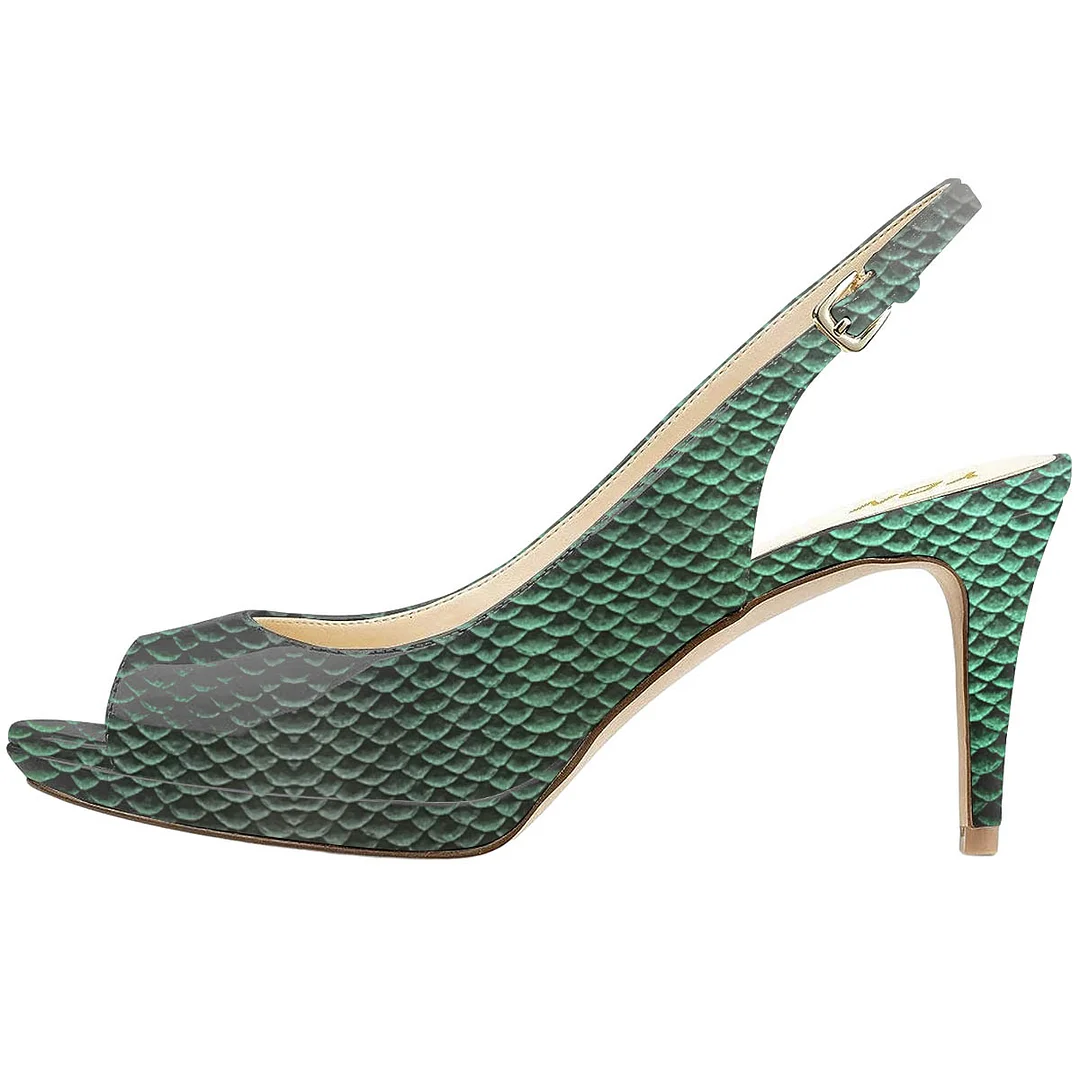 Green Croc Printed Patent Leather Inlay Sandals with Stiletto Heel