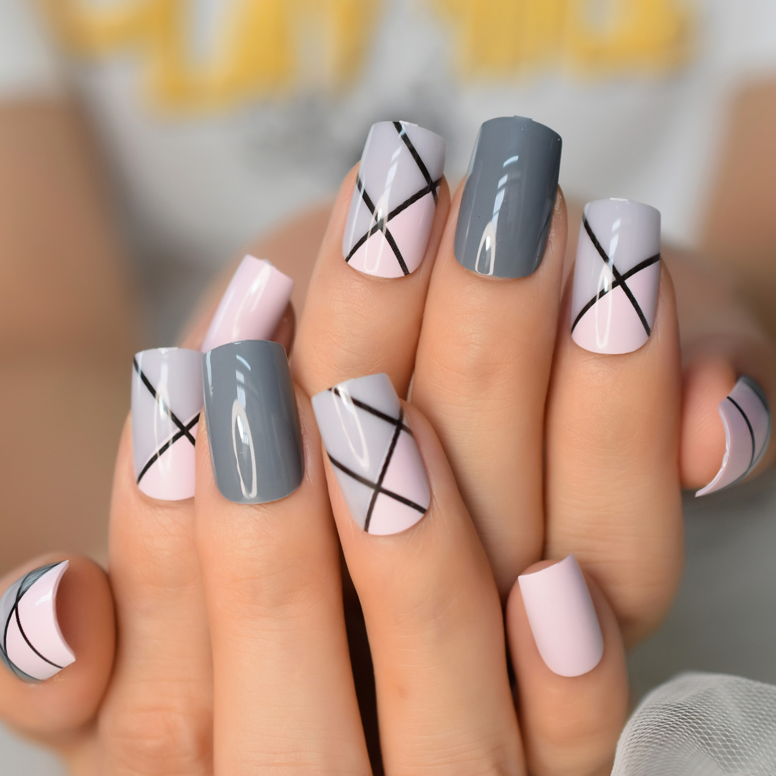 Collectvip Simple Summer Nails – Medium Square Glitter Press On Fake Nails with Pink Line Design  