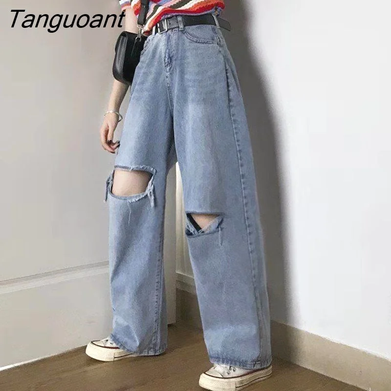 Tanguoant Hole Jeans Women Summer Loose High Waist Denim Wide Leg Trousers Mopping Baggy Unisex BF Harajuku Simple Basic Streetwear