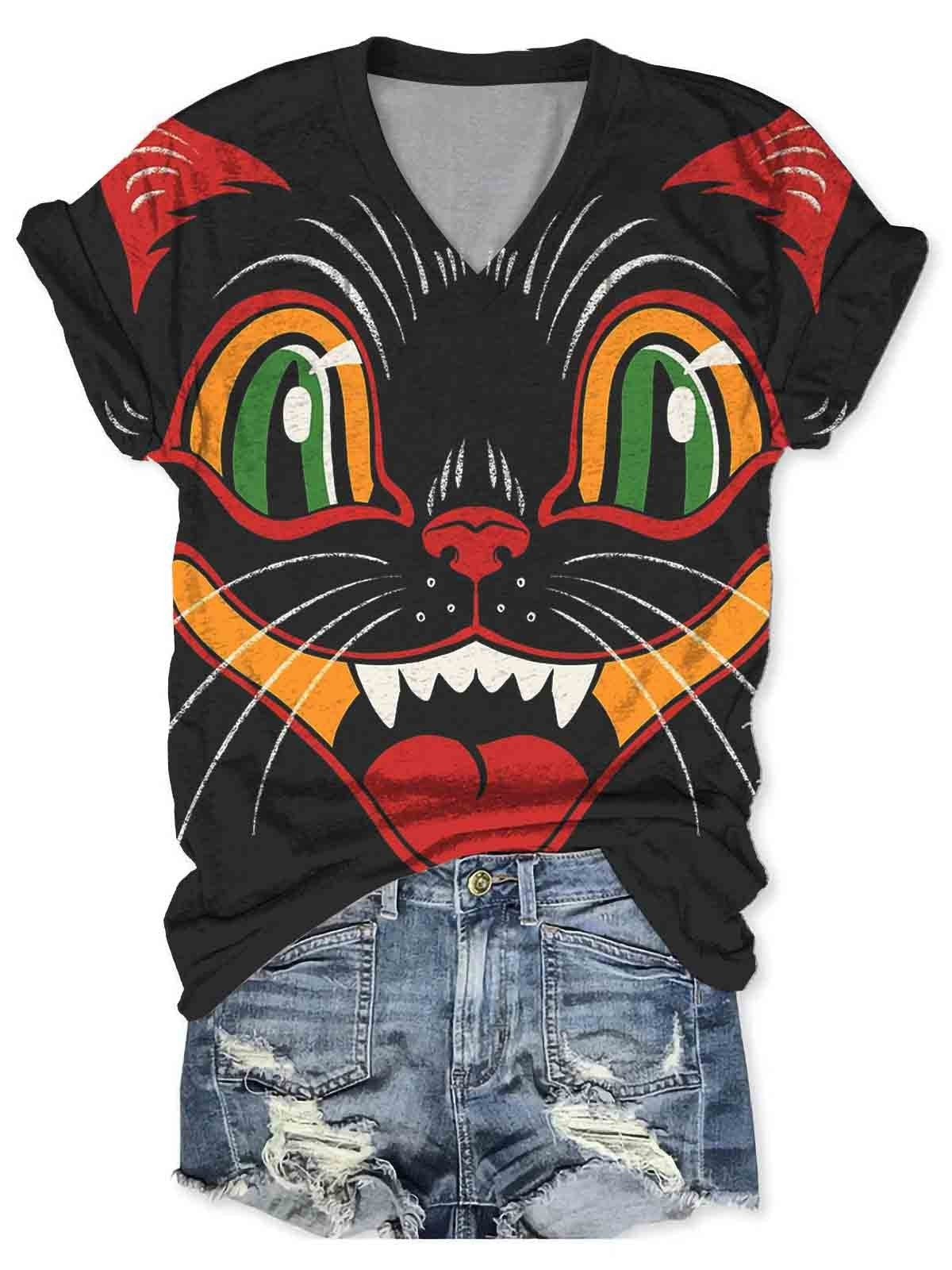 Women´s Halloween Black Cat Party Print V-Neck Short Sleeve T-Shirt