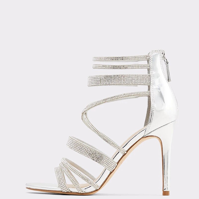 TAAFO Silver Crystal Stilettos High Thin Heels Women Sandals Open Toe Zipper Ladies Party Shoes