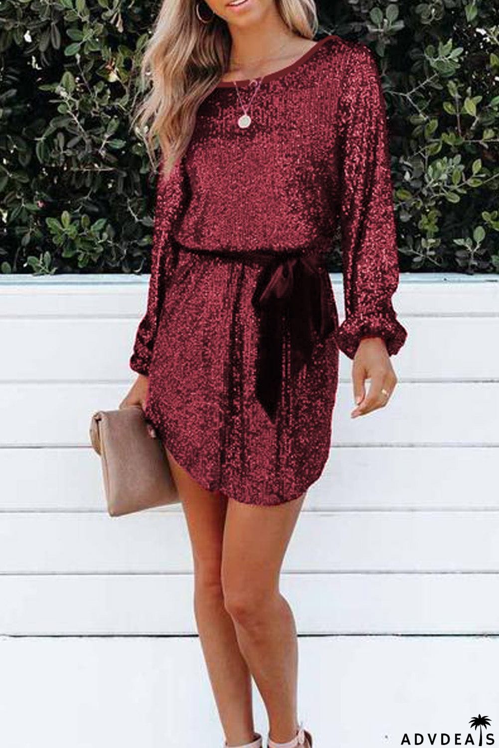 Wine Red Loose Long Sleeve Sequin Dress with Sash