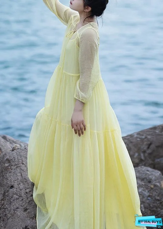 Loose Yellow Neck Tie Patchwork Chiffon Maxi Dress Spring