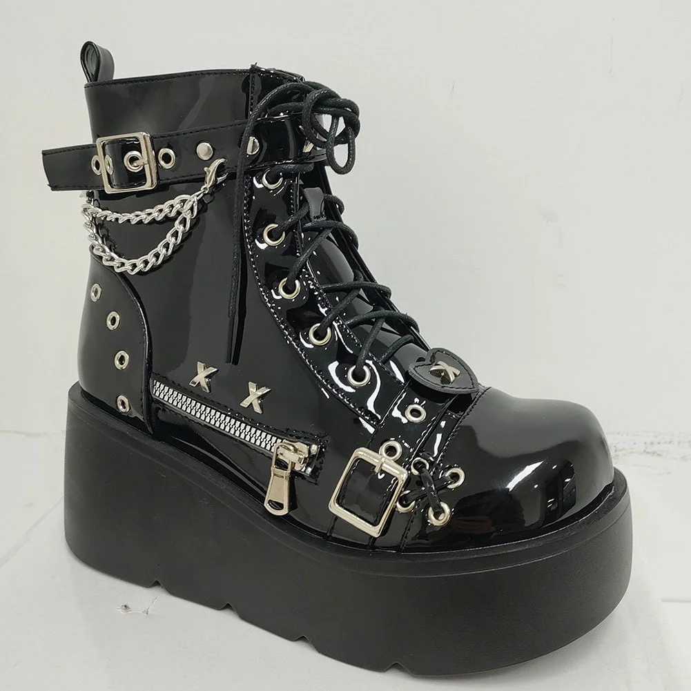 Canrulo Boots For Women Girls Y2k Rivet Zipper Deisgn Fashion Round Toe Boots Cute Cosply Wedges Shoes 2022 New Goth Gothic