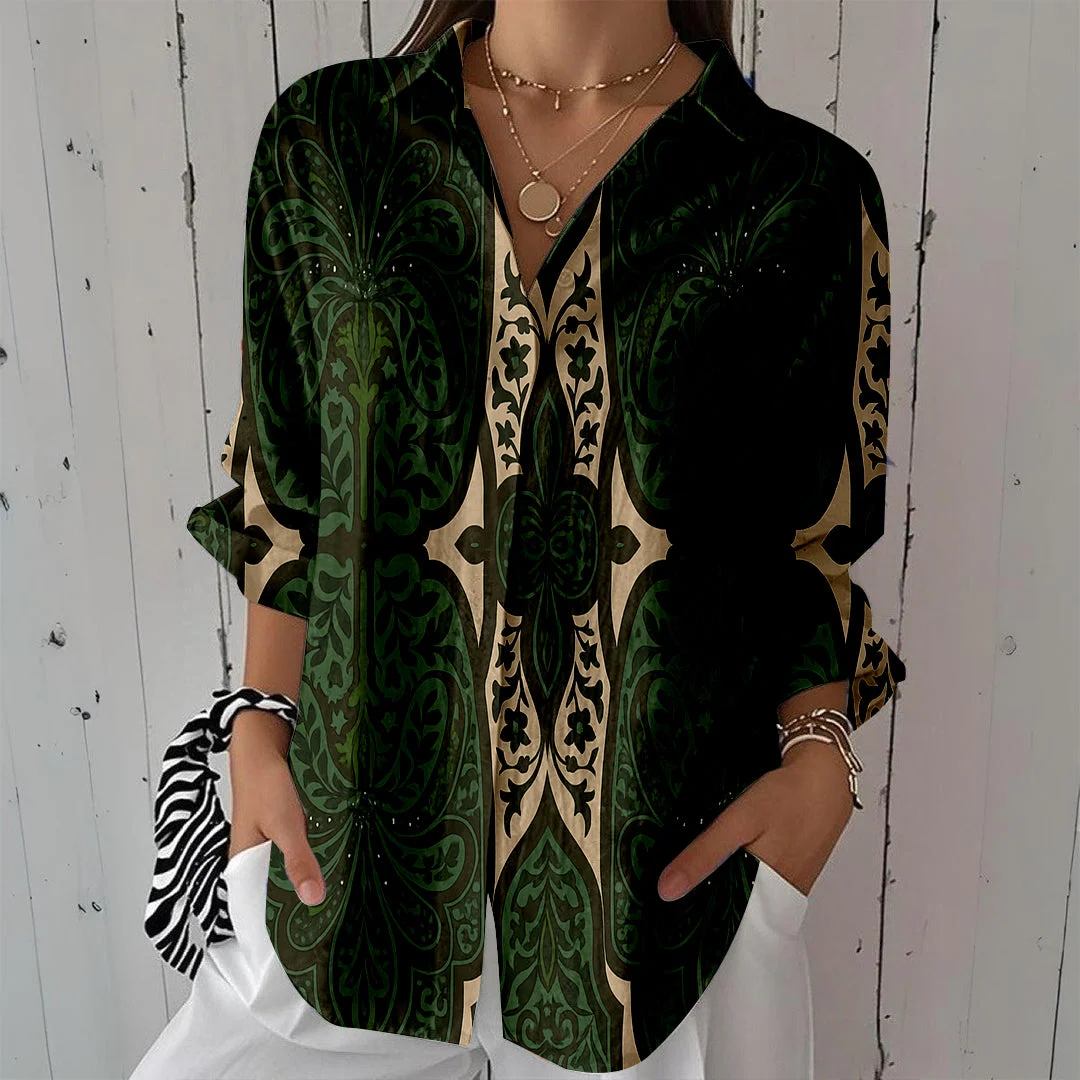 Style & Comfort for Mature Women Women Tropical, Green, Khaki DZCL0152 3/4 Sleeve Shirt Collar Printed Button Tops