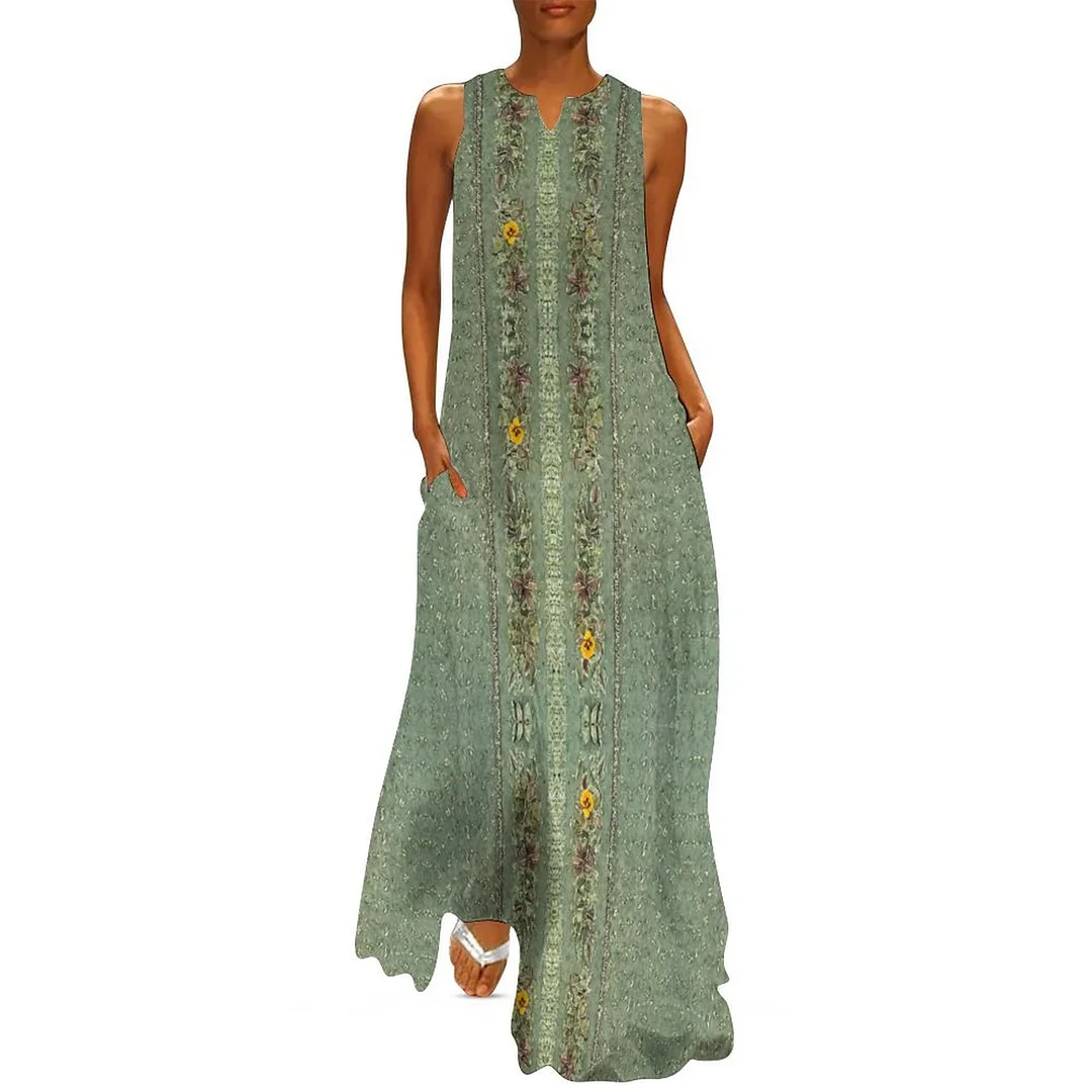 Style & Comfort for Mature Women Plus Size Printed Sleeveless Casual Women Maxi Dress with Pockets in Pattern Green, Floral, Vintage