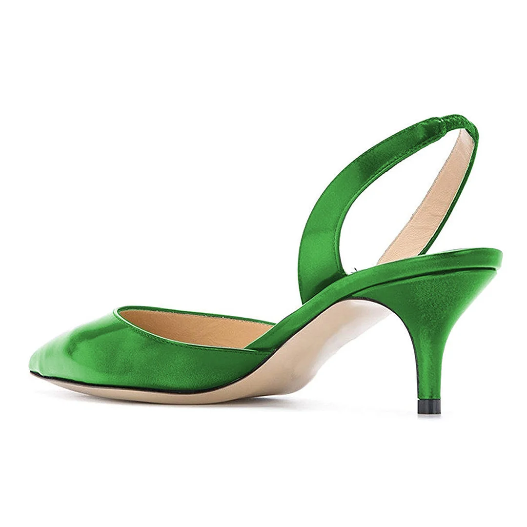 Stylish Patent Leather Pointed Slingback Kitten Heel Pumps in Green