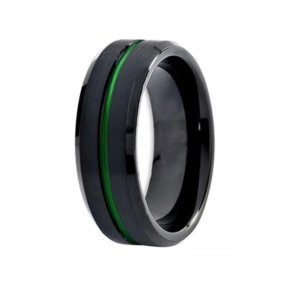 6MM 8MM Black Tungsten Carbide Brushed Center Green Groove Unisex Rings