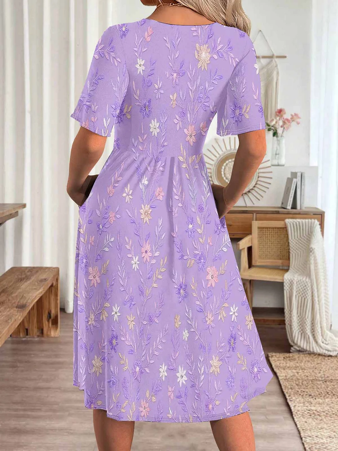 Women Floral,Purple DZHA8169 Short Sleeve Scoop Neck Graphic Printed Hollow Midi Dress