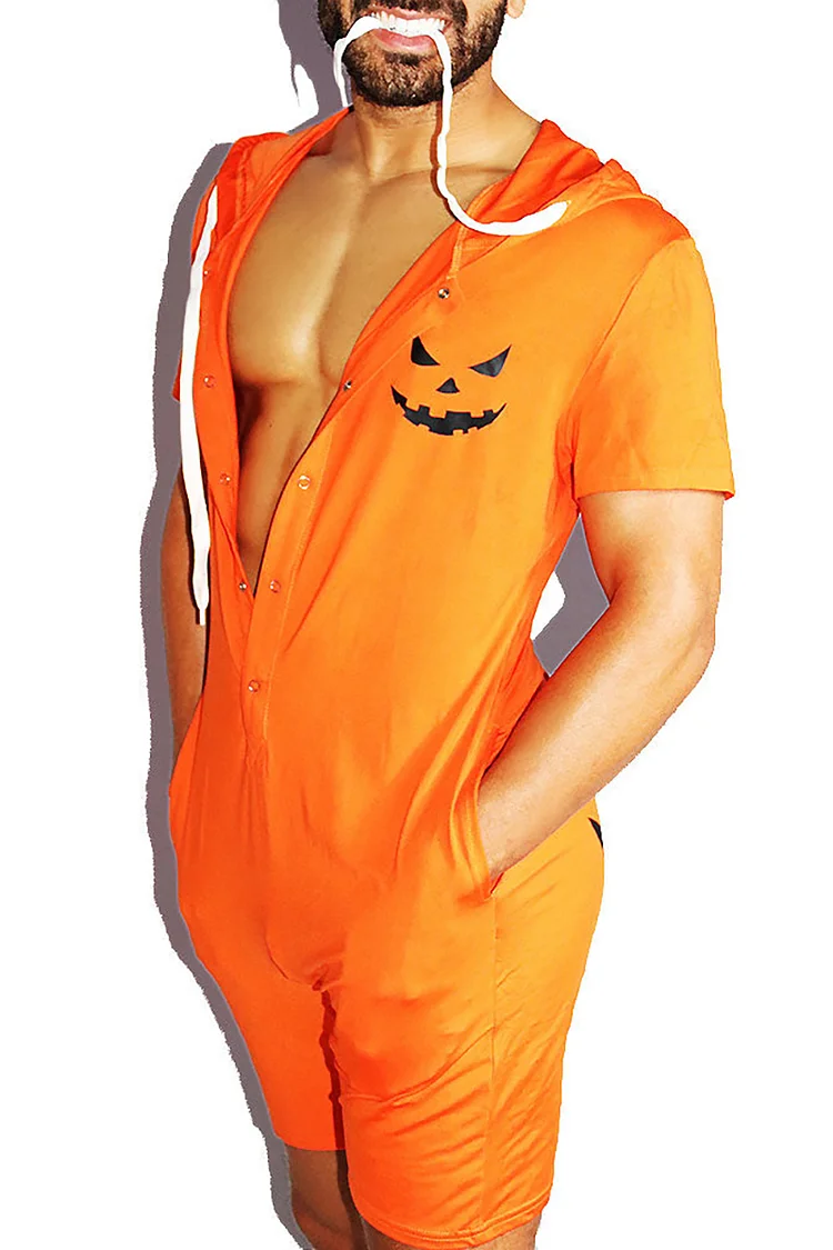 Pumpkin Ghost Print Hooded Halloween Costume Orange Romper