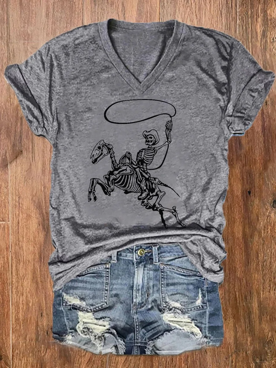 Women's Vintage Western Riding Skull Denim Print T-Shirt