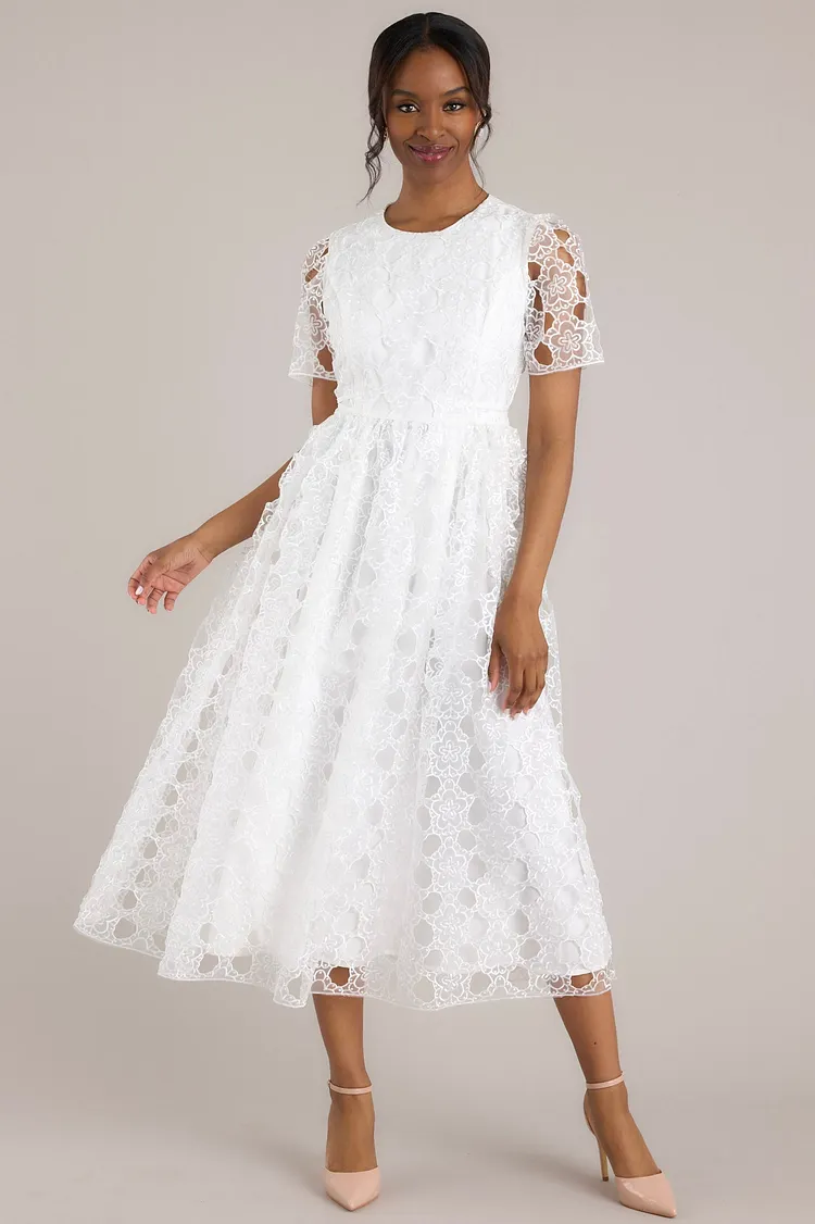 Life's Pathways White Floral Embroidered Midi Dress
