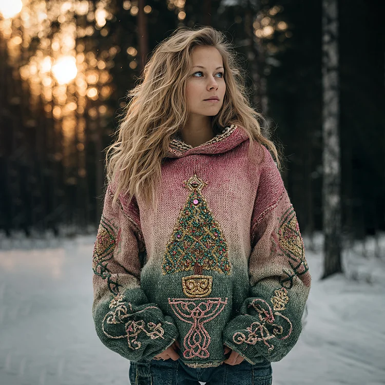 Women's Christmas Tree Knot Gradient Warm Hooded Sweater