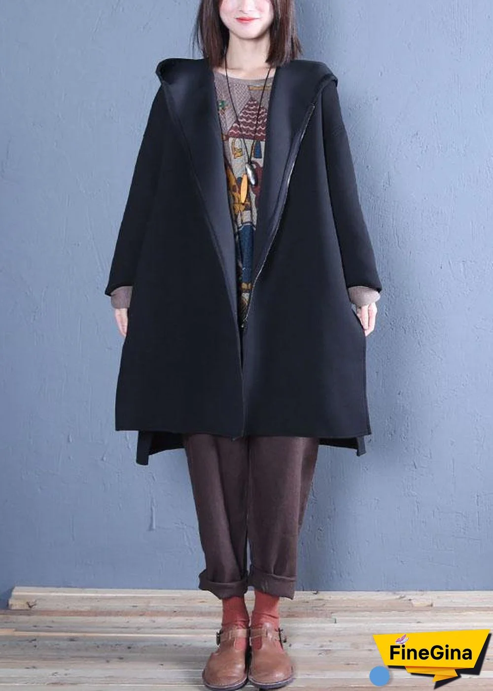 New oversized medium length coat fall black hooded Coats