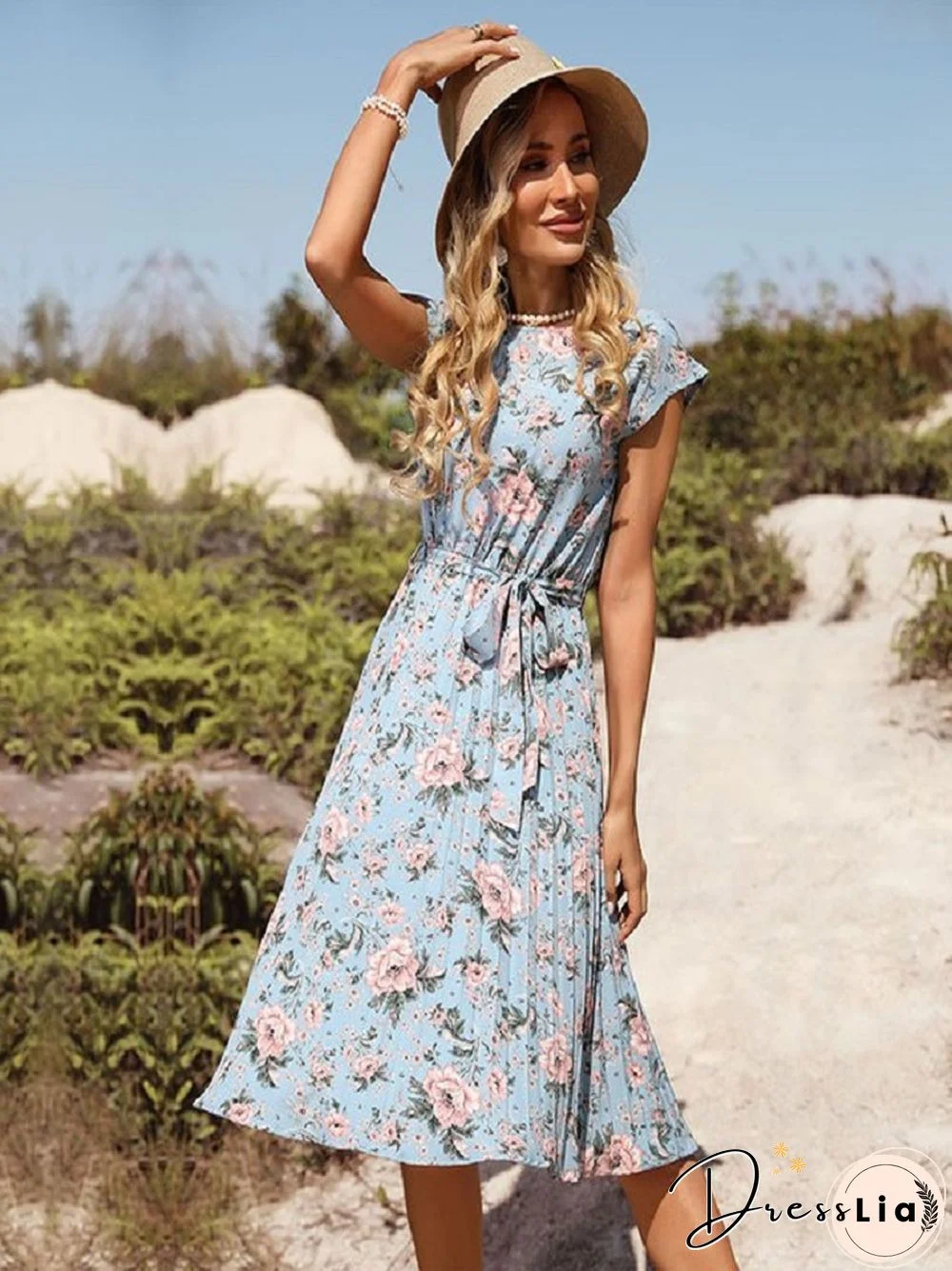 Blue Flower Print Holiday Dress