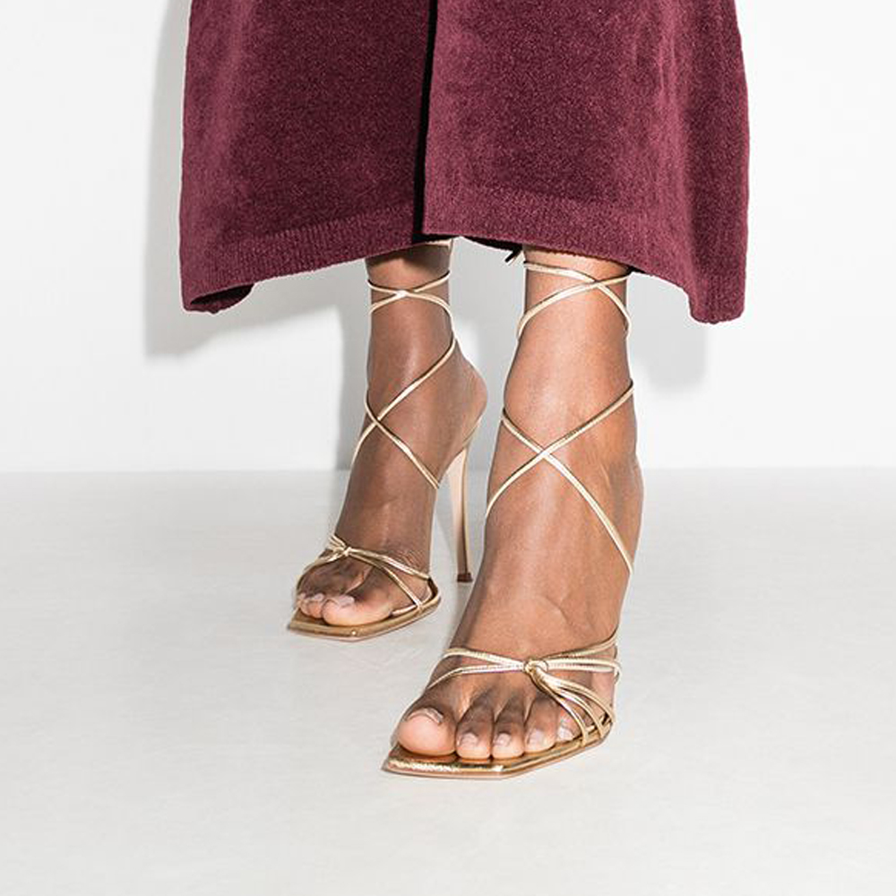 Gold Metallic Open Toe 4'' Stiletto Heel Lace Up Sandals Nicepairs