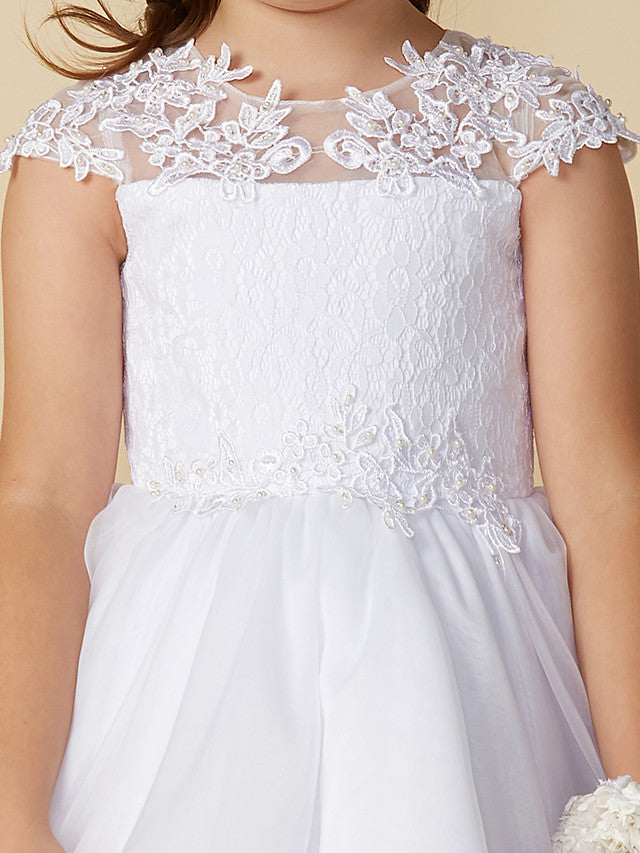 A-Line Half Sleeve Jewel Neck Flower Girl Dress with Tulle Appliques