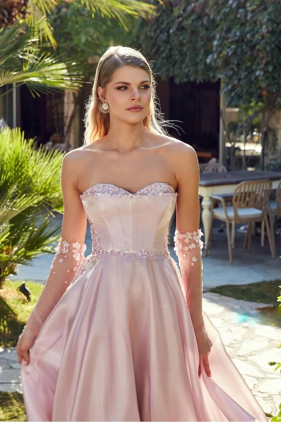 Miabel Shinning Pink Satin Strapless Sweetheart Sleeveless A Line Prom Dress with Sequins 