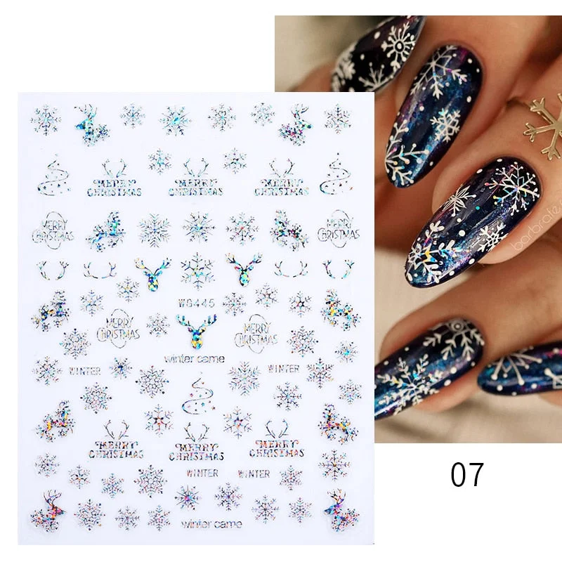 Winter Xmas Nail Art Sticker Gold Sliver Red 3D Bronzing Christmas Elk Santa Snowflake Rabbit Cartoon Slider Design Polish Decor-Nail Inspo