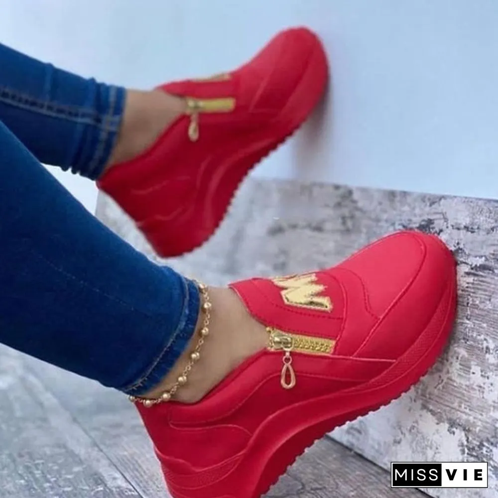 Womens Sport Shoes-Thick Bottom-Solid Ladies-Vulcanized Sneakers-Casual Wedges