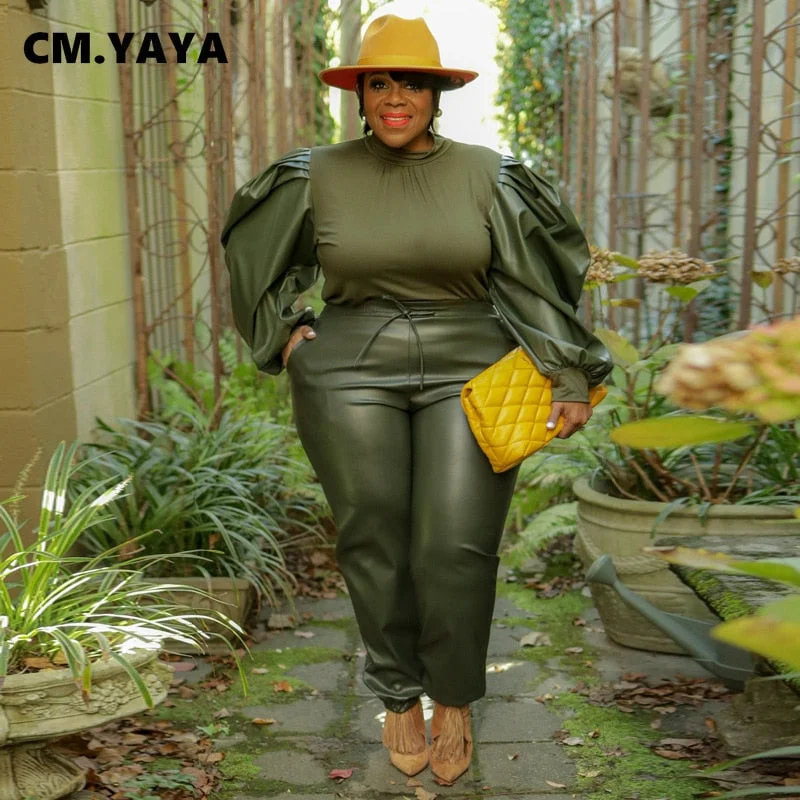 CM.YAYA Plus Size Elegant Women Set PU Puff Long Sleeve Patchwork Sweatshirt and Pants Suit Tracksuit Two Piece Set Outfits