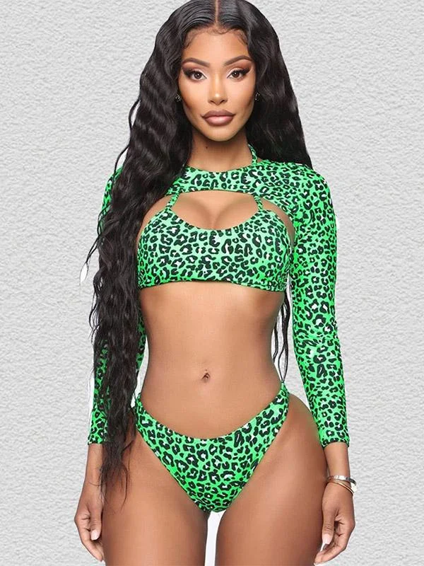 Sexy Leopard Print Split Bikini Swimsuit Overall Three-Piece