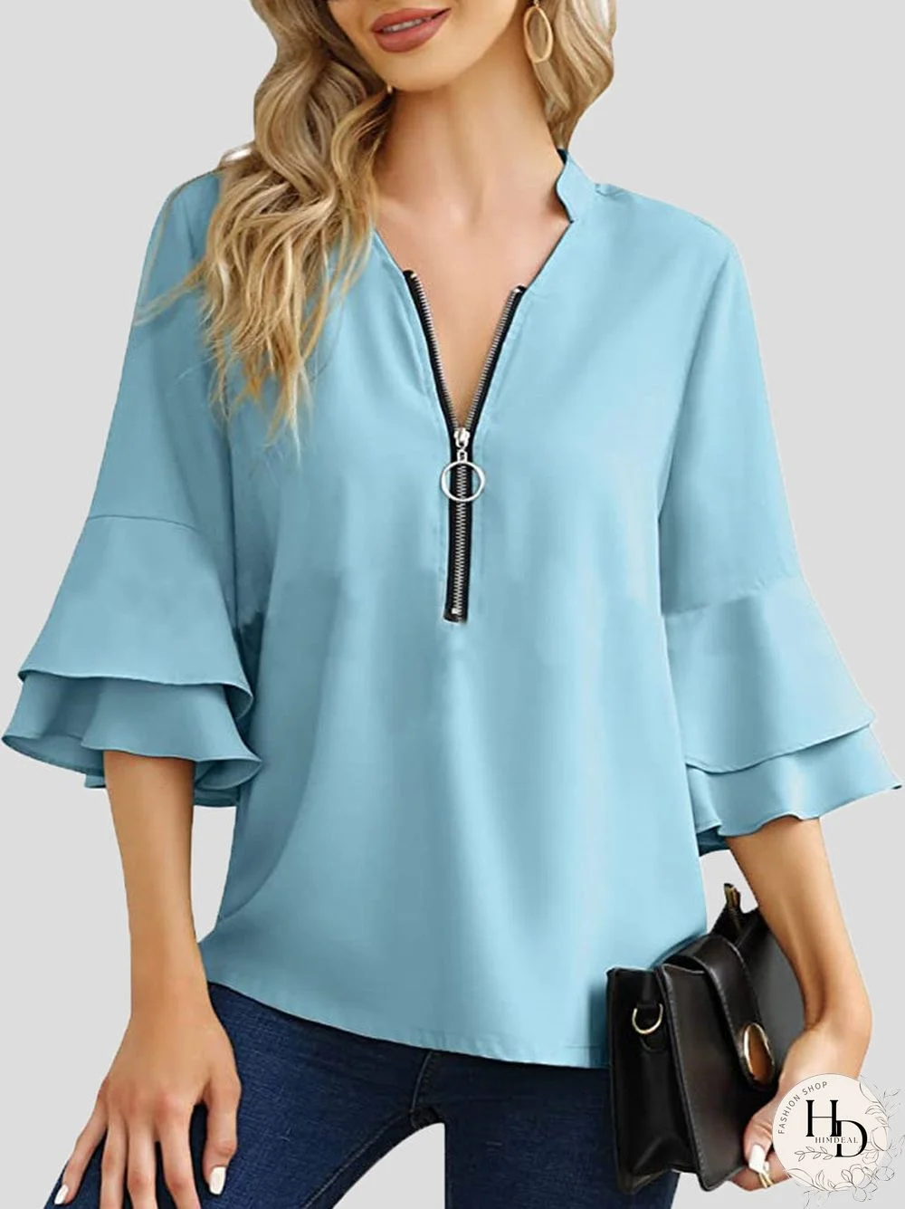 Women'S Blouses V-Neck Zip Layered Flare Sleeves Blouse