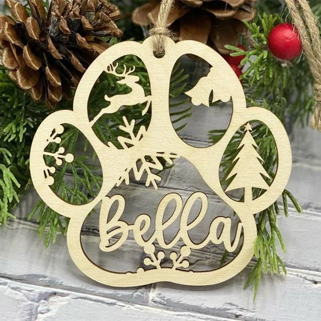 Wooden Pet Paw Ornament Personalized Name Christmas Ornament