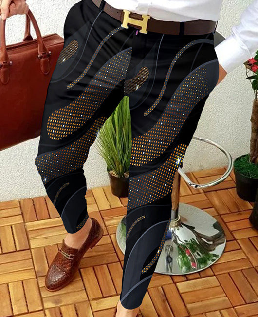 Casual Rhinestone Decor Wavy Line Print Pockets Pencil Pants