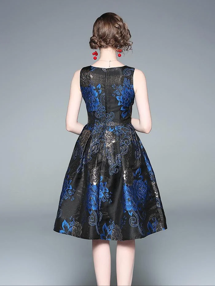 Temperament gold silk jacquard waist sleeveless dress