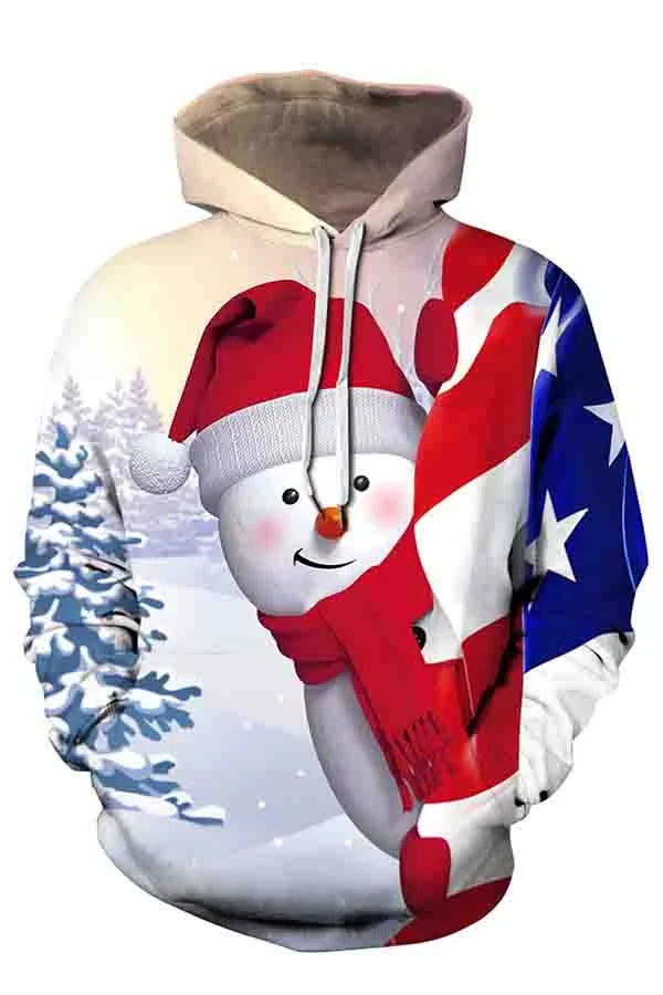 Snowman Long Sleeve Kangaroo Pocket Pullover Hoodie Beige-elleschic
