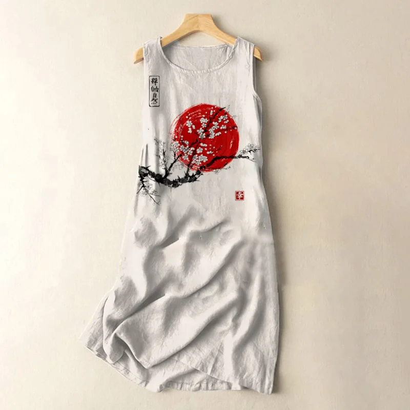 Vintage Japanese Ink Flower Sunrise Art Print Sleeveless Cotton And Linen Midi Dress