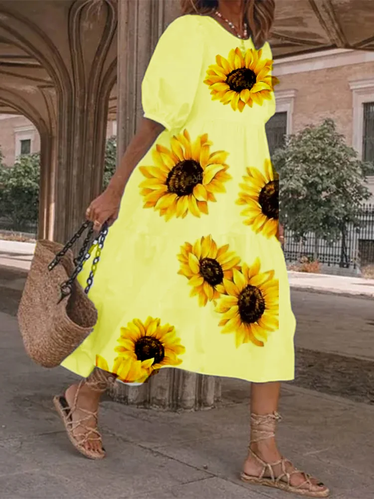 Sunflower Print Ruffle Hem Stylish Dress socialshop